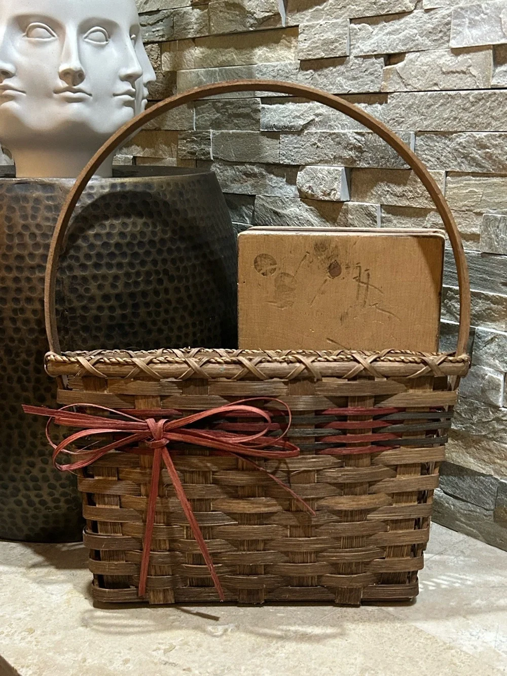 hand-woven wall or door hung wooden splint basket
